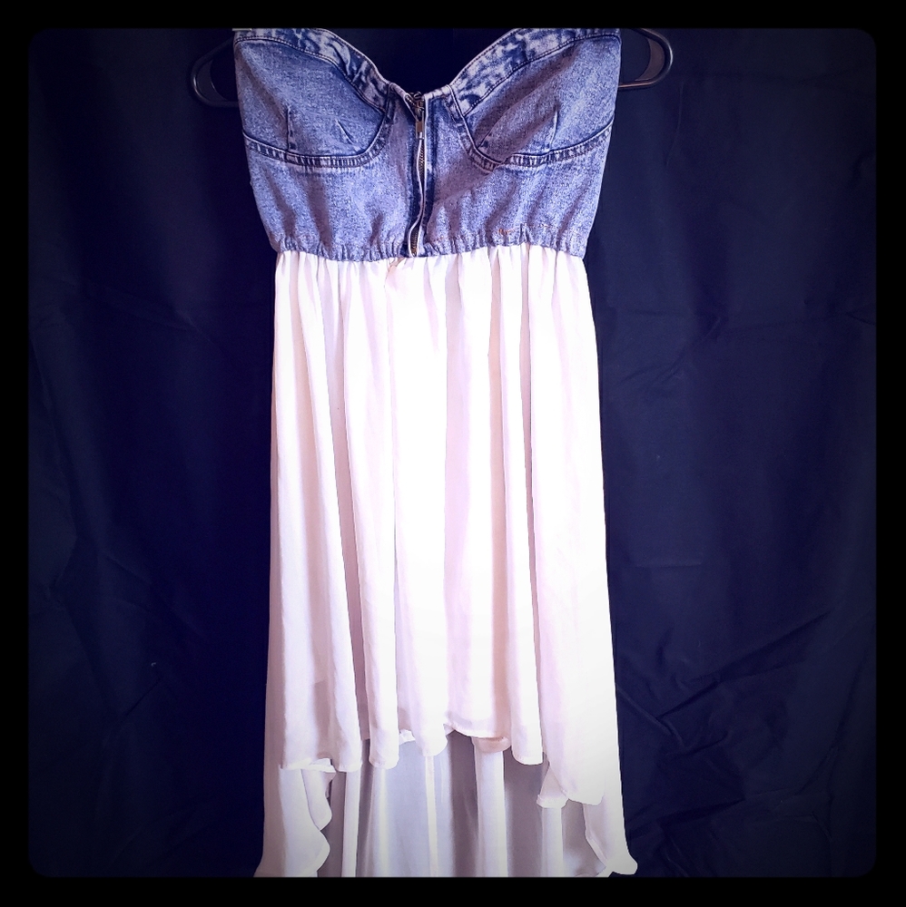 Denim and flow hi-lo strapless dress